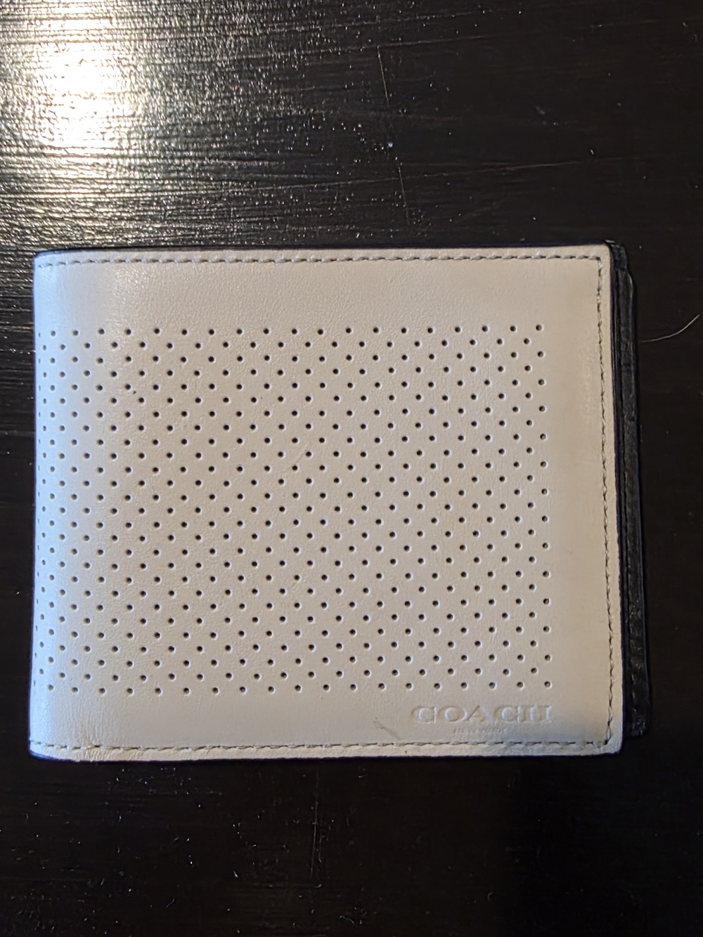 Coach Men's Perforated Leather Bifold Wallet in Cream with Black Trim